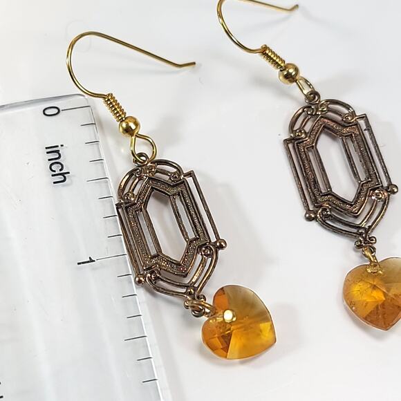 Vintage Geometric Heart Earrings, Amber Crystal Dangle, Gold-Plated Jewelry - Picture 7 of 10